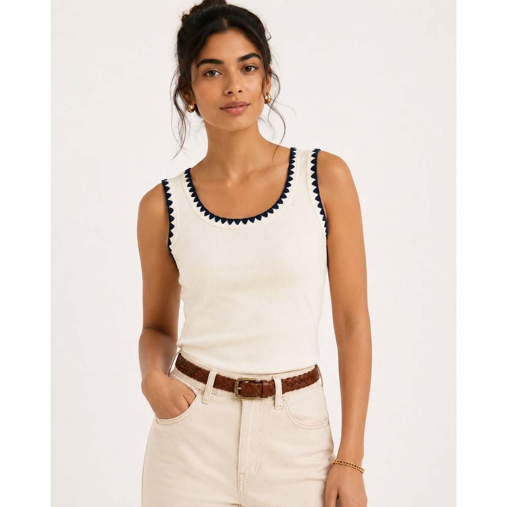 Market & Spruce Janelle Whipstitch Ribbed Knit Top Navy Ivory Tank M New